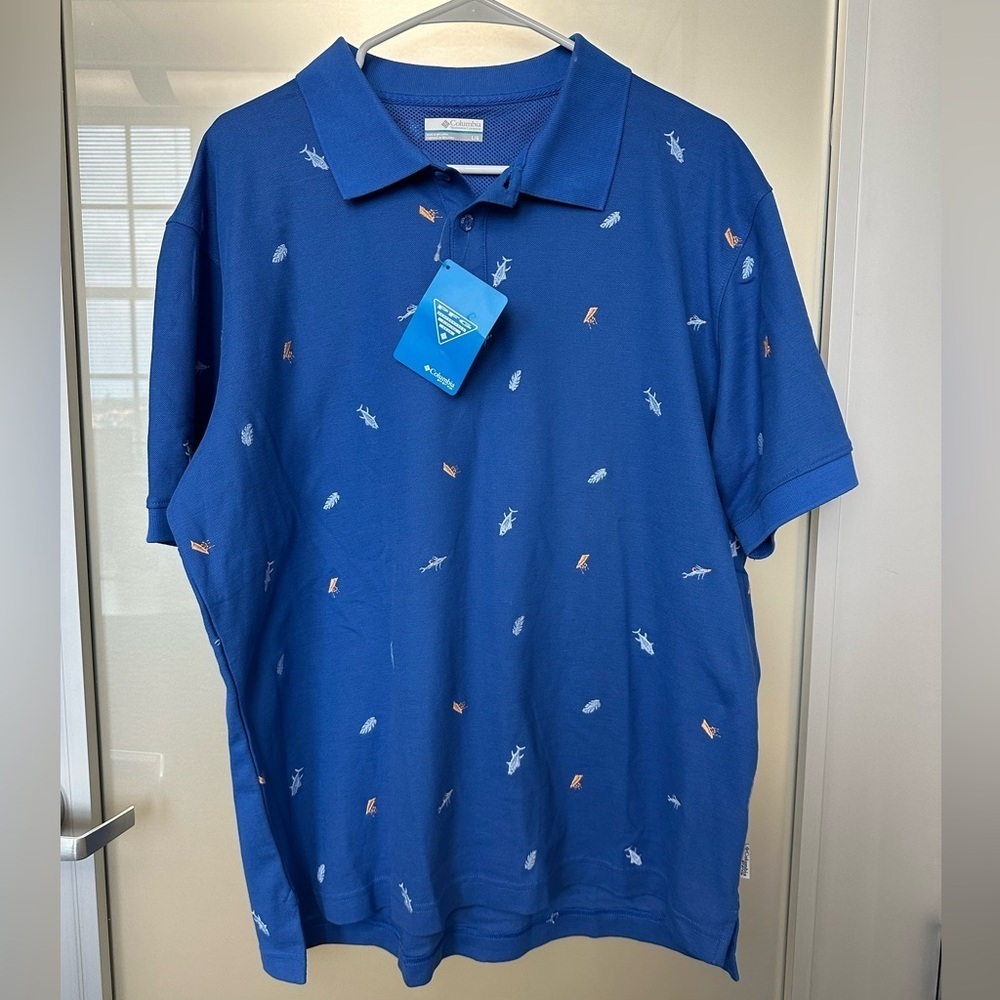 NWT Columbia PFG Polo Men’s Large Blue SS Fishing Lure Deep Sea Bait Rig Logo